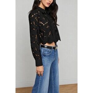 Women's Black Floral Lace Cropped Boxy Collared Cotton Chic Blouse M